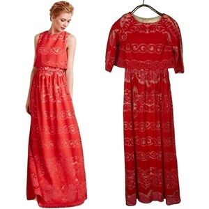 ERIN BY ERIN FETHERSTON JUDY CORAL RED LACE LAYERED BODICE 1/2 SLEEVE MAXI DRESS